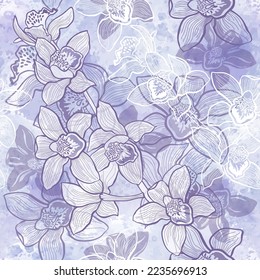 Orchids. Seamless monochrome pattern with  hand-drawn flowers on lilac watercolor background. Perfect for wallpaper, wrapping, fabric and textile. 