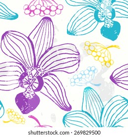 Orchids seamless pattern with bright colors on grunge background