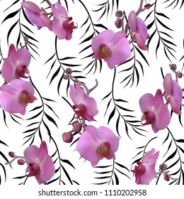 Orchids. Seamless pattern. Tropical flowers. Floral background. Exotic plants. Buds. Vector illustration. Palm leaves.