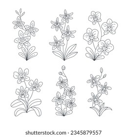 Orchids sketch. hand drawn orchid outline illustration. Orchid black and white vector drawing. orchid branch isolated on white background. Floral sketch. vector illustration. Orchid line art drawing.