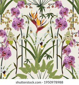 Orchids, strelitzia and palm leaves on ivory background. Vector seamless pattern. Design for fabric, wallpaper, wrapping paper, scrapbooking, invitation card.