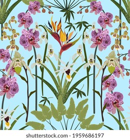 Orchids, strelitzia and palm leaves on background. Vector seamless pattern. Design for fabric, wallpaper, wrapping paper, scrapbooking, invitation card.