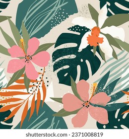 Orchids Tropical flowers and artistic palm leaves on light background. Seamless. Vector pattern.