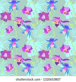 Orchids and tropical leaves seamless vector pattern fabric design wallpaper background