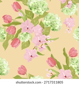 Orchideen, Tulpen und Hortensien   auf beigem Hintergrund erstellen Sie eine nahtlose Vektorgrafik, die perfekt für die Dekoration von Textilien und Verpackungen wäre.