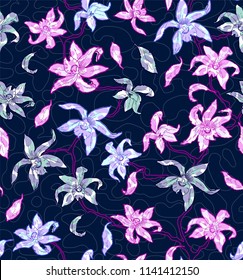 Orchids Vector Seamless Pattern, no opacity used.