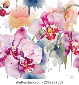 Orchids. Watercolor beautiful colorful orchid flowers seamless pattern. Watercolor romantic background. Hand drawn paint blossom flowers, leaves. Modern textured artistic ornaments. Endless texture.