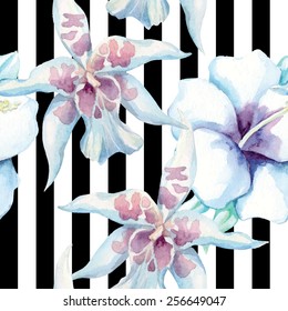 orchids watercolor pattern, black and white striped background 