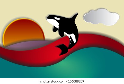 Orcinus orca, Killer whale jumping in sunset, eps10 vector 