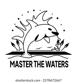 Orcinus orca with master the waves text, glyph sticker 

