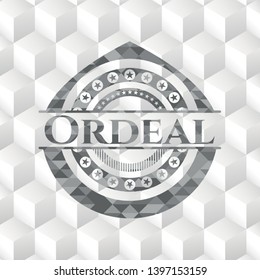 Ordeal grey emblem. Retro with geometric cube white background