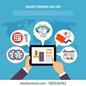 Order auto spares online design concept with battery wheels brake pads and human hands holding tablet decorative elements flat vector illustration  