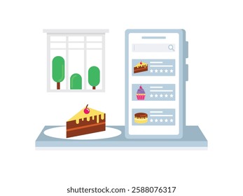 Order bakery sweet dessert, deliver by mobile app. Design character. Vector flat illustration