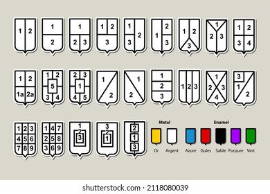 The order of blazoning of coats of arms during classical dissections of the shield field. Heraldic colors: metals and enamels. The set will be of interest to specialists in heraldry. 