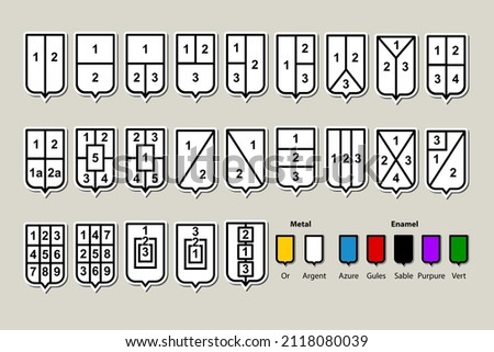 The order of blazoning of coats of arms during classical dissections of the shield field. Heraldic colors: metals and enamels. The set will be of interest to specialists in heraldry. 