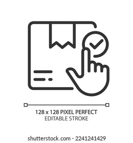 Order booking pixel perfect linear icon. Choose postal service. Book online. Parcel delivery, shipment. Thin line illustration. Contour symbol. Vector outline drawing. Editable stroke. Arial font used