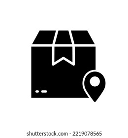 Order Box Pin Location Silhouette Icon. Geolocation of Parcel Box Point on Shipping Glyph Pictogram. Tracking Pointer Local Package Transportation Delivery Service Icon. Isolated Vector Illustration.