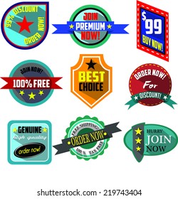 Order, Buy, Join Now logo badges and labels