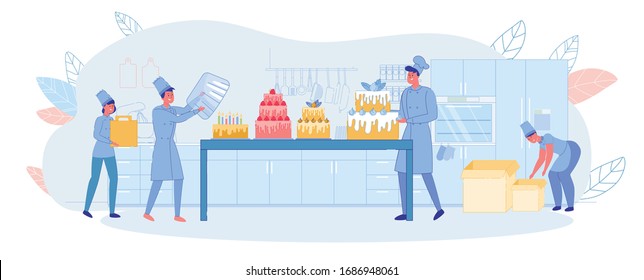 Order Cake for Holiday in Family Pastry Shop. Mom Leaned Over and Prepares Boxes for Packing and Delivering Cakes. Guy Covers Cake with Lid. Father Examines Desserts. Confectionery Family Traditions.