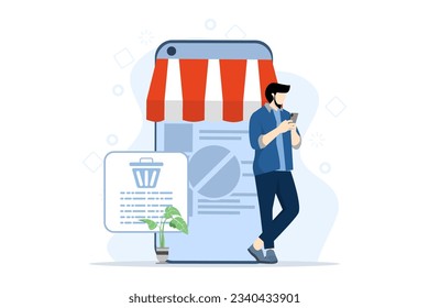 concepto de cancelación de pedidos, orden rechazada, orden cerrada con gente pequeña. hombre con teléfono móvil para hacer pedidos, compras digitales, distribución de compras en línea. ilustración vectorial plana.