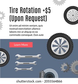 Order car service and automobile maintenance online. Tire rotation, equipment and instruments for works and inspection. Promotional banner, poster with discounts and sales. Vector in flat style