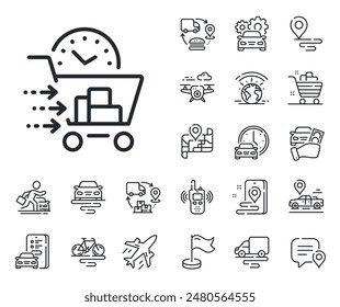 Ordene el signo del Carrito. Iconos de contorno de plano, cadena de suministro y posición. Icono de línea de entrega de alimentos. Símbolo de servicio de catering. Signo de línea de entrega de comida. Transporte en taxi, alquiler de un icono de bicicleta. Mapa de viaje. Vector