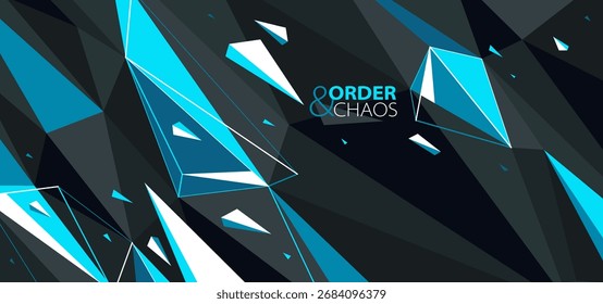 Fondo abstracto del orden y del Vector del caos, negro oscuro 3D y superficie poligonal baja azul brillante del poli con los desechos rotos de las partículas de la descomposición en movimiento.