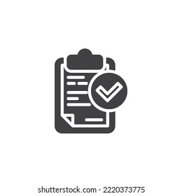 Icono de vector de comprobación de pedidos. signo plano relleno para concepto móvil y diseño web. Portapapeles de papel y marca el icono de glifo. Símbolo, ilustración del logotipo. Gráficos vectoriales