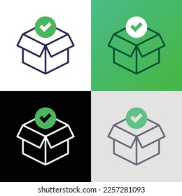 Orden marcada: paquete abierto con marca de verificación. Icono de línea delgada. Ilustración vectorial moderna para el servicio de entrega.