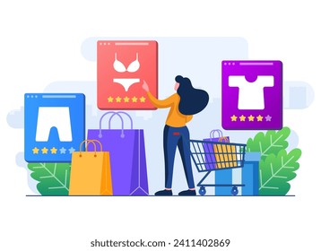 Order clothes online, Shopping concept, Female customer character with shopping bags and gift flat illustration concept, Can used for web banner, infographic, landing pages, ui, social media
