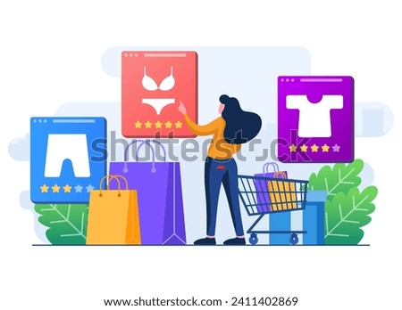 Order clothes online, Shopping concept, Female customer character with shopping bags and gift flat illustration concept, Can used for web banner, infographic, landing pages, ui, social media