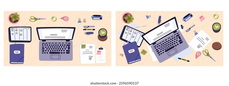 Order and clutter on desktop top view. Office workplace. Work organization. Business table. Laptop and paper documents. Notebook paper and stationery. Messy workspace