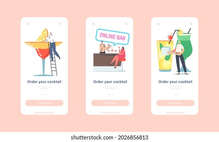 Order Cocktail Mobile App Page Onboard Screen Template. People Drinking Cold Drinks. Tiny Male and Female Characters Choose Different Beverages in Summer Time Concept. Cartoon Vector Illustration