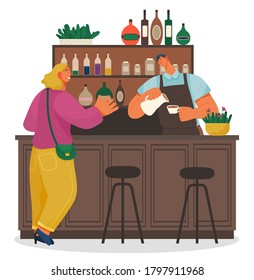 Order coffee in cafeteria, woman waiting her drink, barista guy preparing fresh morning coffee, break at work, bar with worker man in apron, stand with bottles of alcohol or syrups, bartender working