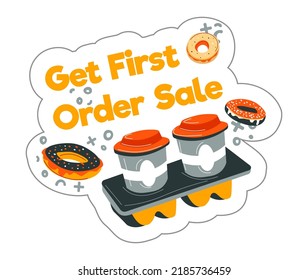 Order coffee and donut with chocolate and get discount or sale on first order. Tasty beverage and pastry from shop or store, delivery from cafe or restaurant. Label or sticker. Vector in flat style