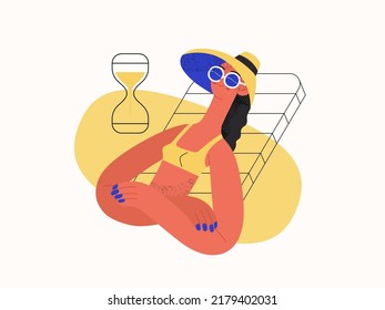 Order is complete - Online shopping and electronic commerce series - modern flat vector concept illustration of a woman made an order and relaxing sunbathing. Sale and online orders concept