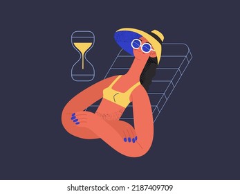 Order is complete - Online shopping and electronic commerce series - modern flat vector concept illustration of a woman made an order and relaxing sunbathing. Sale and online orders concept