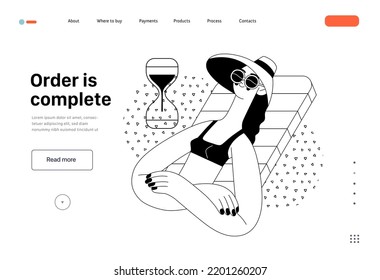 El pedido está completo - Planilla web de compras en línea y comercio electrónico - moderna ilustración del concepto de vector plano de una mujer hecha un pedido y relajante bronceado. Concepto de venta y pedidos online