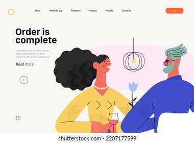El pedido está completo - Planilla web de compras en línea y comercio electrónico - moderna ilustración de concepto de vector plano de pareja sentada en un restaurante. Concepto de promoción, descuentos, ventas y pedidos online