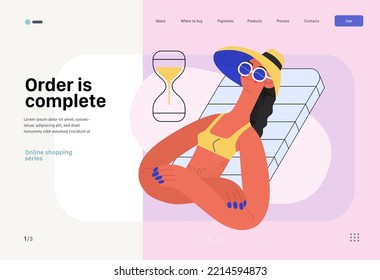 El pedido está completo - Planilla web de compras en línea y comercio electrónico - moderna ilustración del concepto de vector plano de una mujer hecha un pedido y relajante bronceado. Concepto de venta y pedidos online