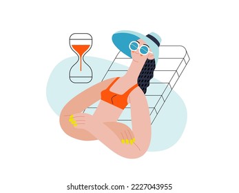 Order is complete - Online shopping and electronic commerce series - modern flat vector concept illustration of a woman made an order and relaxing sunbathing. Sale and online orders concept