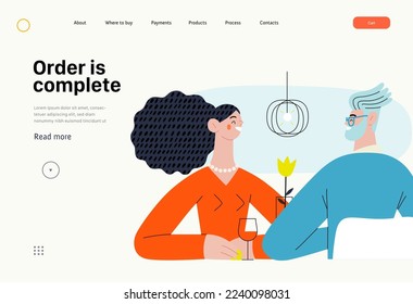 Order is complete - Online shopping and electronic commerce series - modern flat vector concept illustration of a couple sitting in the restaurant. Promotion, discounts, sale and online orders concept