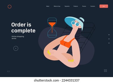 Order is complete - Online shopping and electronic commerce series - modern flat vector concept illustration of a woman made an order and relaxing sunbathing. Sale and online orders concept