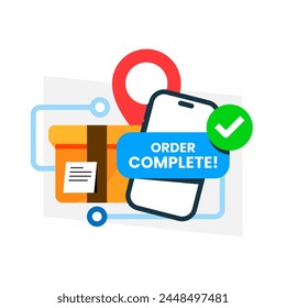 order completed. package order via mobile app service, successfully received concept illustration flat design vector. simple modern graphic element for landing page ui, infographic, icon