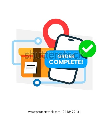 order completed. package order via mobile app service, successfully received concept illustration flat design vector. simple modern graphic element for landing page ui, infographic, icon