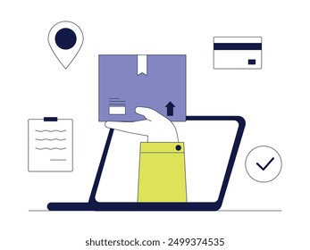 Order confirmation and destination address, payment completion, product delivery, vector illustration.