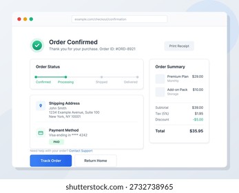 A confirmação da ordem exibe o status de uma compra. Inclui o endereço de entrega, o método de pagamento e um resumo dos encargos do pedido.