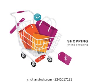 order confirmation icon appears on shopping bags in 3 colors orange,yellow,purple and all Placed in aluminum shopping cart with promotional sign hanging underneath,vector 3d for shopping advertising