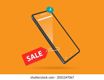 An order confirmation icon on a smartphone and a sale sign hanging on it. and all objects were floating in midair for online shopping concept design,vector 3d isolated on orange background