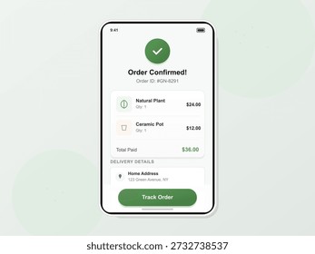 An order confirmation screen displays details of a purchase for a natural plant and a ceramic pot. The total amount paid and delivery details are shown on a mobile device.